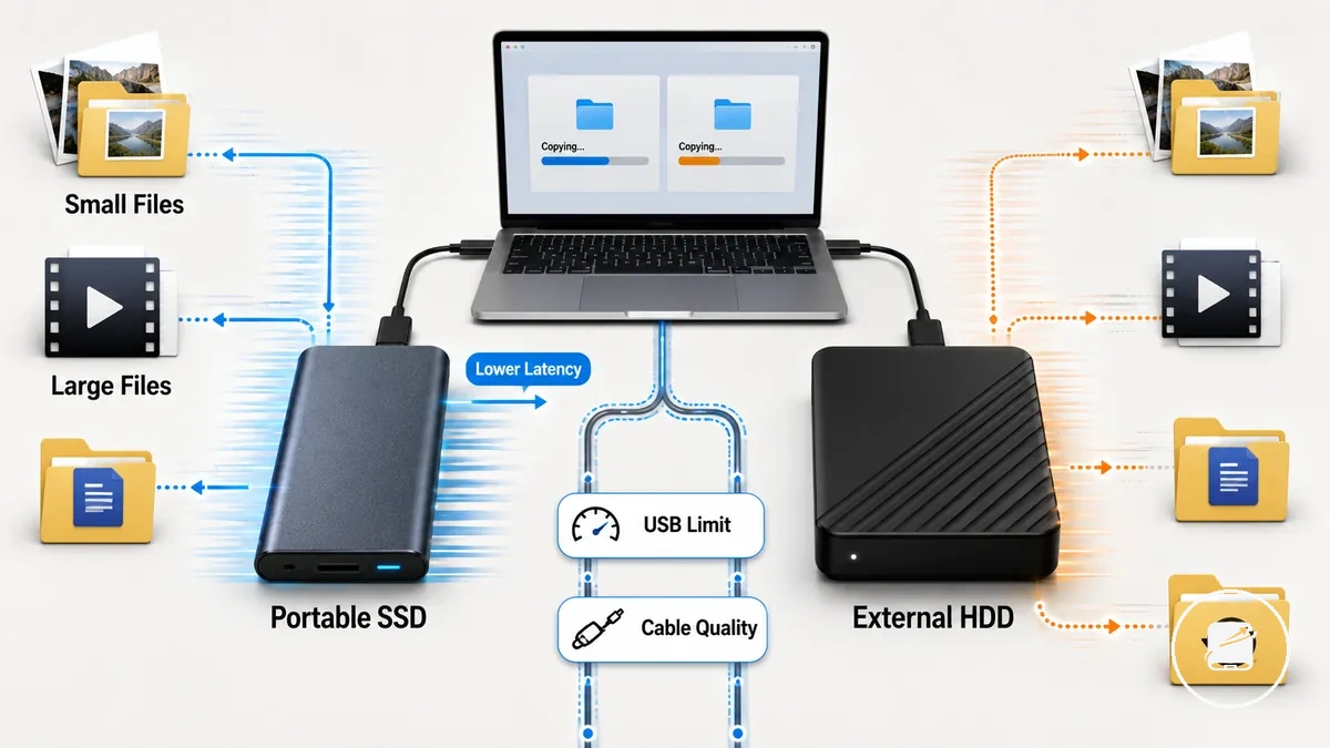 مقارنة أداء قرص SSD المحمول والقرص الصلب الخارجي أثناء نقل الملفات اليومي