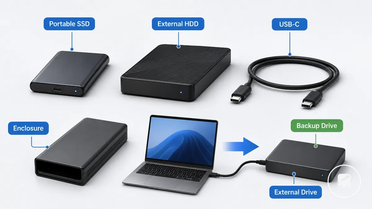 مصطلحات تخزين خارجي موضحة على قرص SSD محمول وقرص صلب خارجي وكابل USB