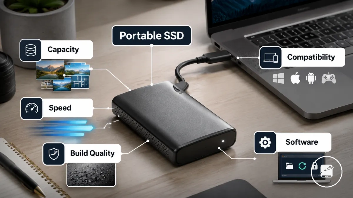 قرص SSD محمول مع عوامل السعة والسرعة وجودة البناء والتوافق موضحة