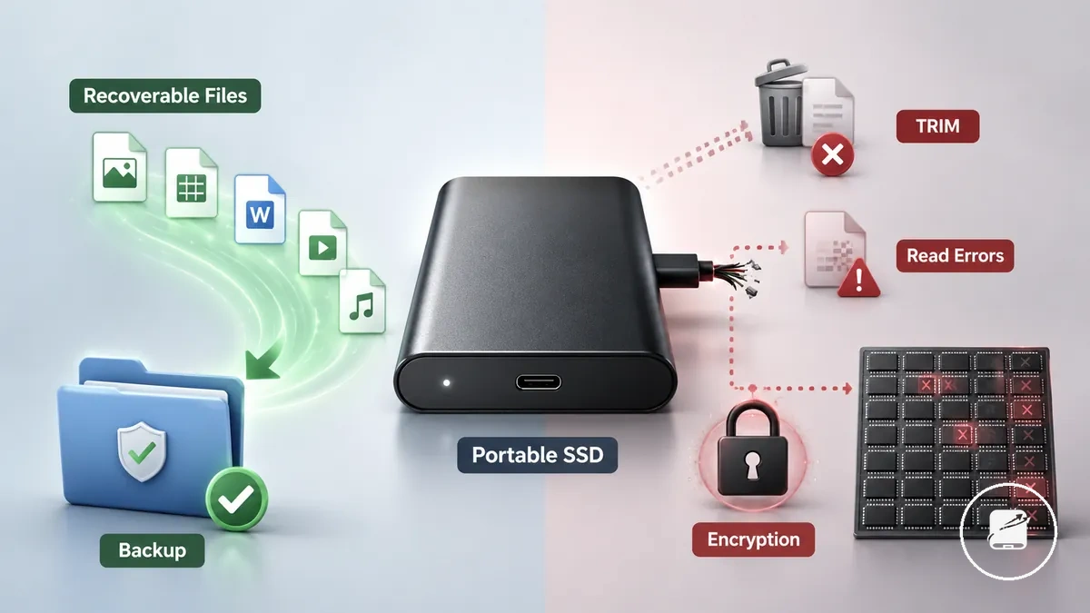 مخطط يقارن بين حالات الملفات القابلة للاسترداد وغير القابلة للاسترداد على قرص SSD محمول