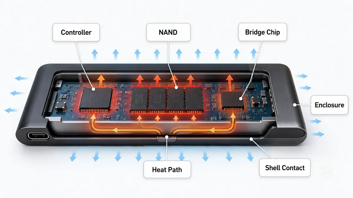 أجزاء داخلية لقرص SSD محمول مع شرح يوضح وحدة التحكم وذاكرة NAND وشريحة الجسر والغلاف ومسار الحرارة