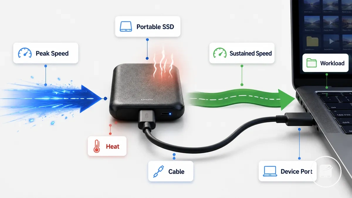 سرعة واجهة قرص SSD المحمول والأداء المستدام مع إشارات إلى الكابل والمنفذ وعبء النقل
