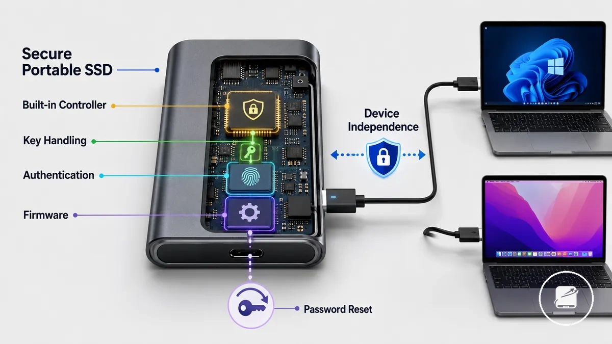 رسم تخطيطي مشروح لقرص SSD محمول آمن يظهر وحدة التحكم في التشفير المدمجة ووظائف الأمان