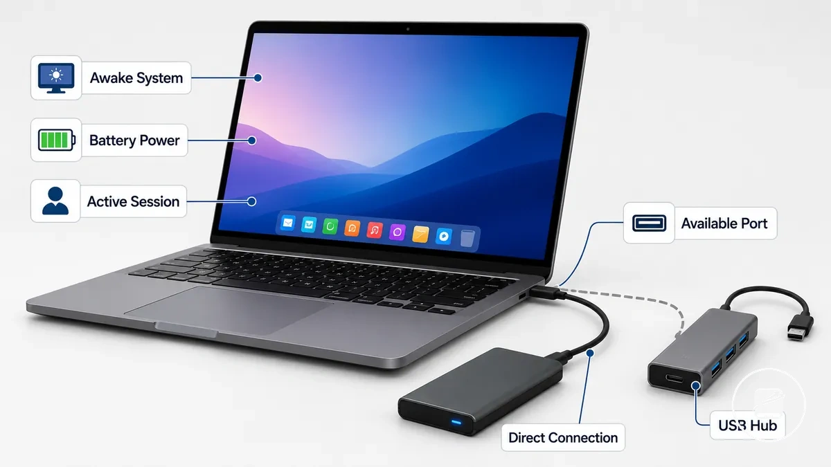 ظروف طاقة الحاسوب والاتصال التي يتم التحقق منها قبل توصيل قرص SSD المحمول