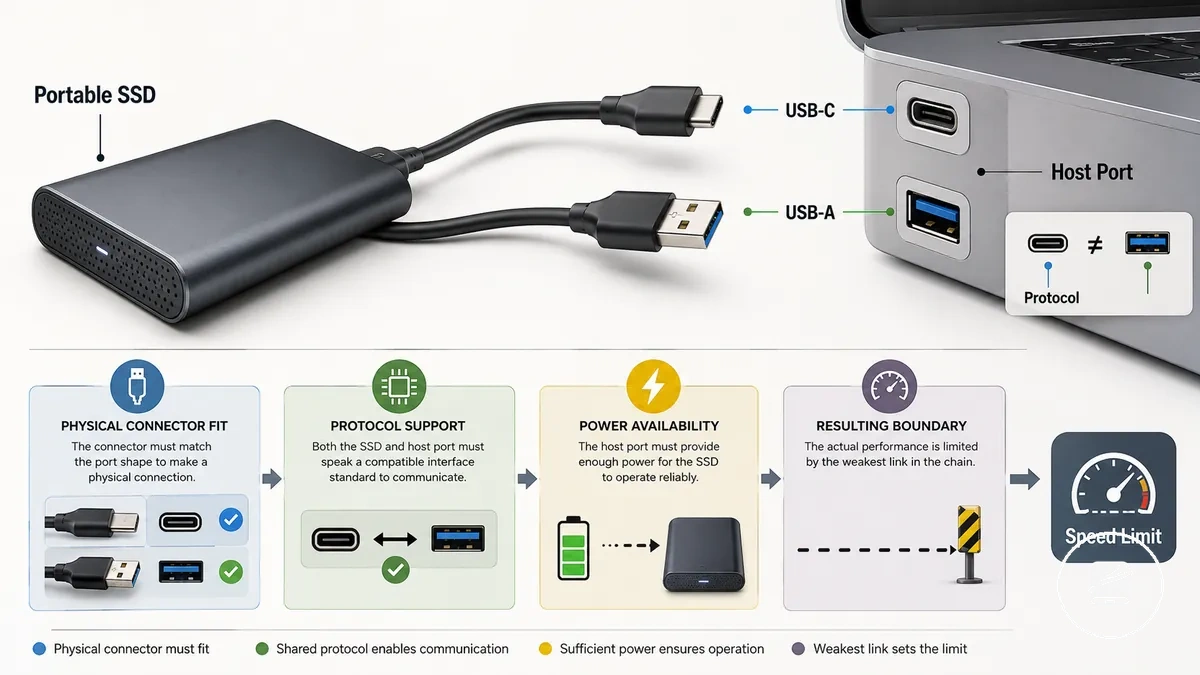 Annotierte USB-C- und USB-A-Anschlüsse mit Kompatibilitätsbedingungen für mobile SSDs