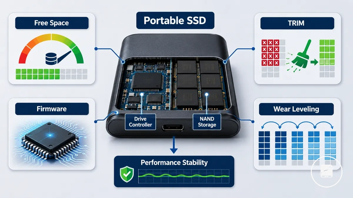Diagramm zu freiem Speicherplatz, TRIM, Firmware und Wear Leveling bei mobilen SSDs