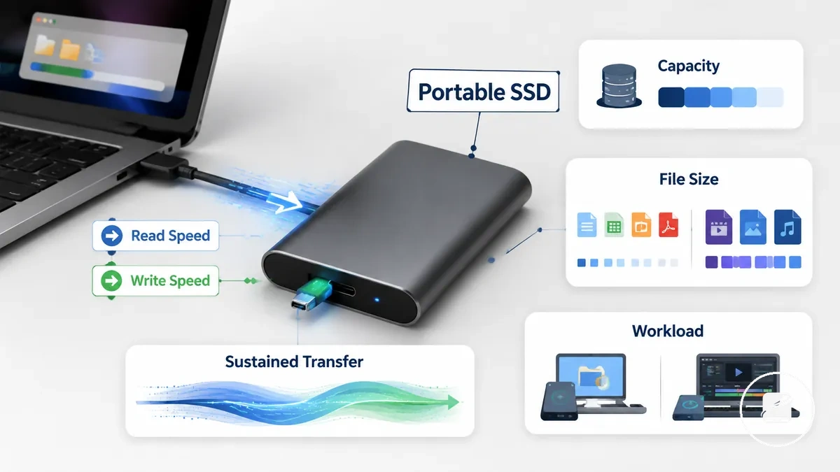 Portable SSD während der Dateiübertragung mit Bezeichnungen für Kapazität und Arbeitslast