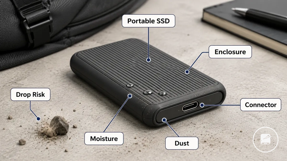 Portable SSD mit Gehäuse, Anschluss und Schutzbereichen in Bezug auf die Haltbarkeit