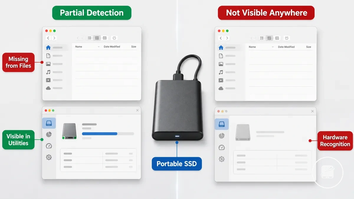Sichtbarkeitszustände einer mobilen SSD: ein im Dateibrowser fehlendes Laufwerk und eine Überprüfung im Systemdienstprogramm