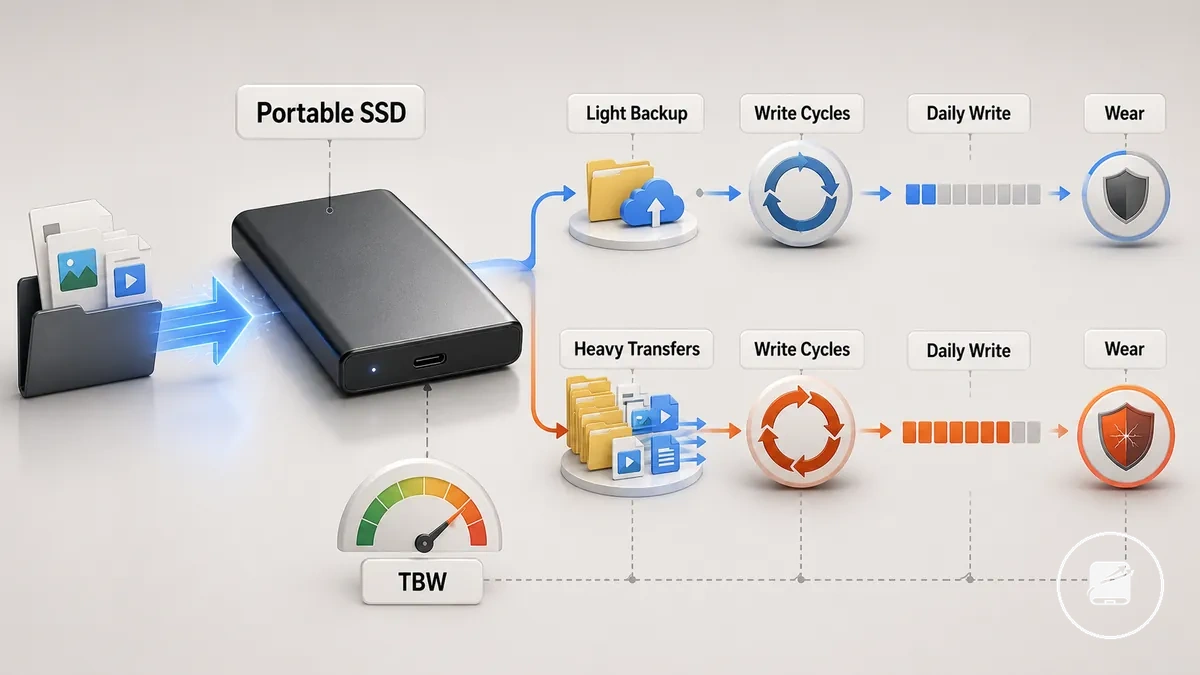 Beschriftetes Beispiel für Schreiblast und TBW eines mobilen SSD