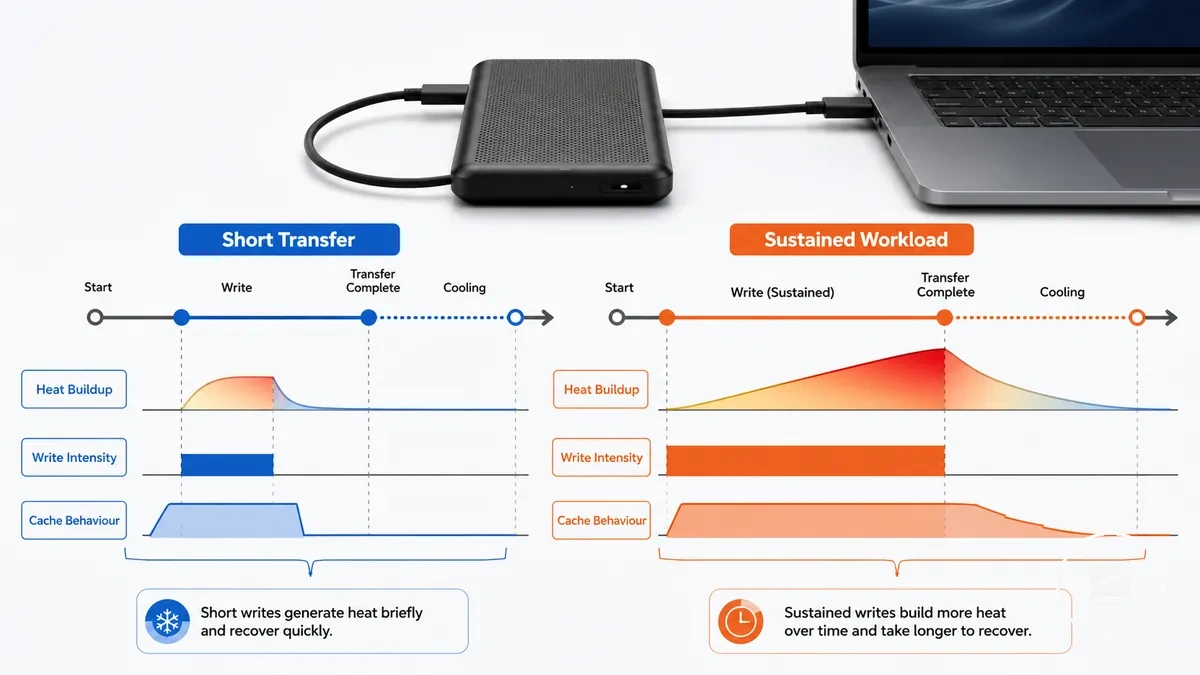 Vergleichsgrafik mit kurzen und dauerhaften Übertragungen einer mobilen SSD mit unterschiedlichem Wärmeaufbau und Erholungsmustern