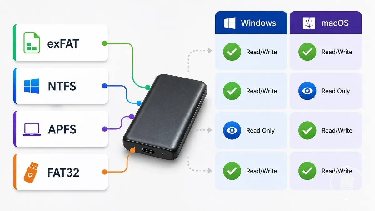 Vergleichsgrafik zu Dateisystemen mobiler SSDs und Windows-Mac-Kompatibilität