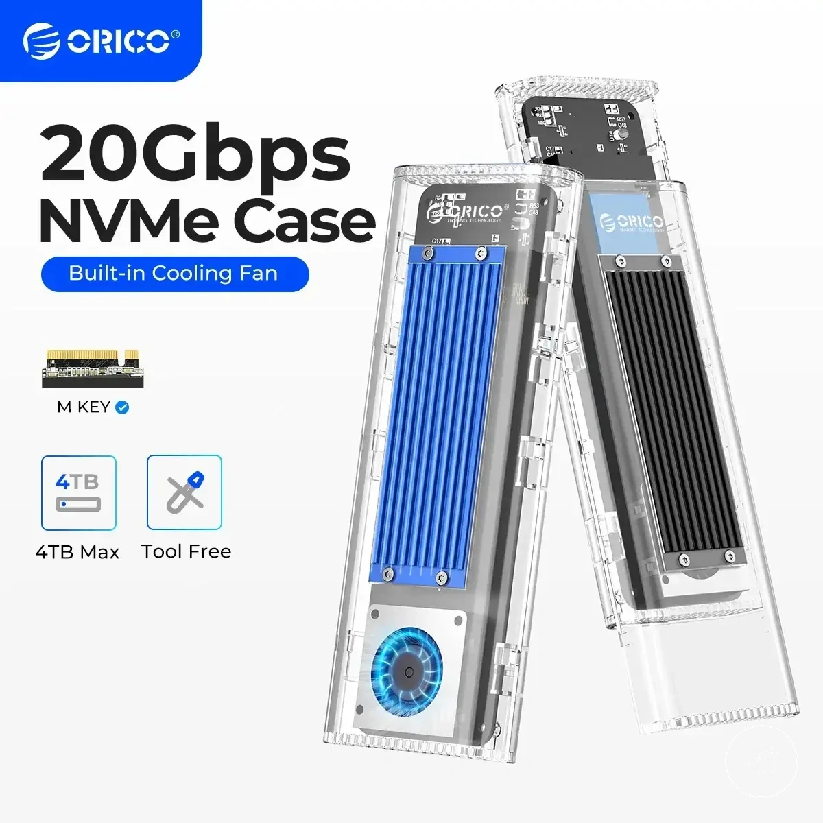 M.2 NVMe SSD enclosure with cooling fan and USB 3.2 Gen 2x2 connection