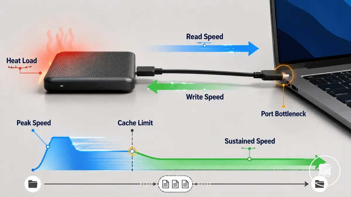 Portable SSD read write and sustained transfer speed explained with cable and port limits