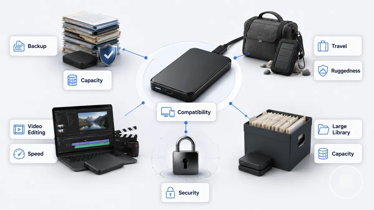 Portable SSD storage jobs compared by backup, travel, video editing, security, and large-library needs