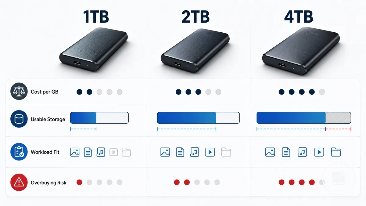 Portable SSD capacity tiers compared with cost per GB and usable storage value