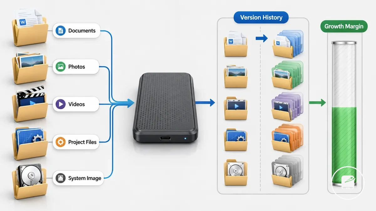 Annotated backup folders showing file size, version history, and growth margin