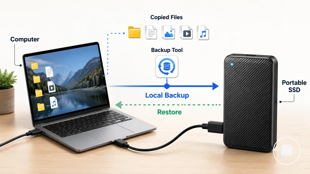 Diagram showing a portable SSD connected to a computer for local backup