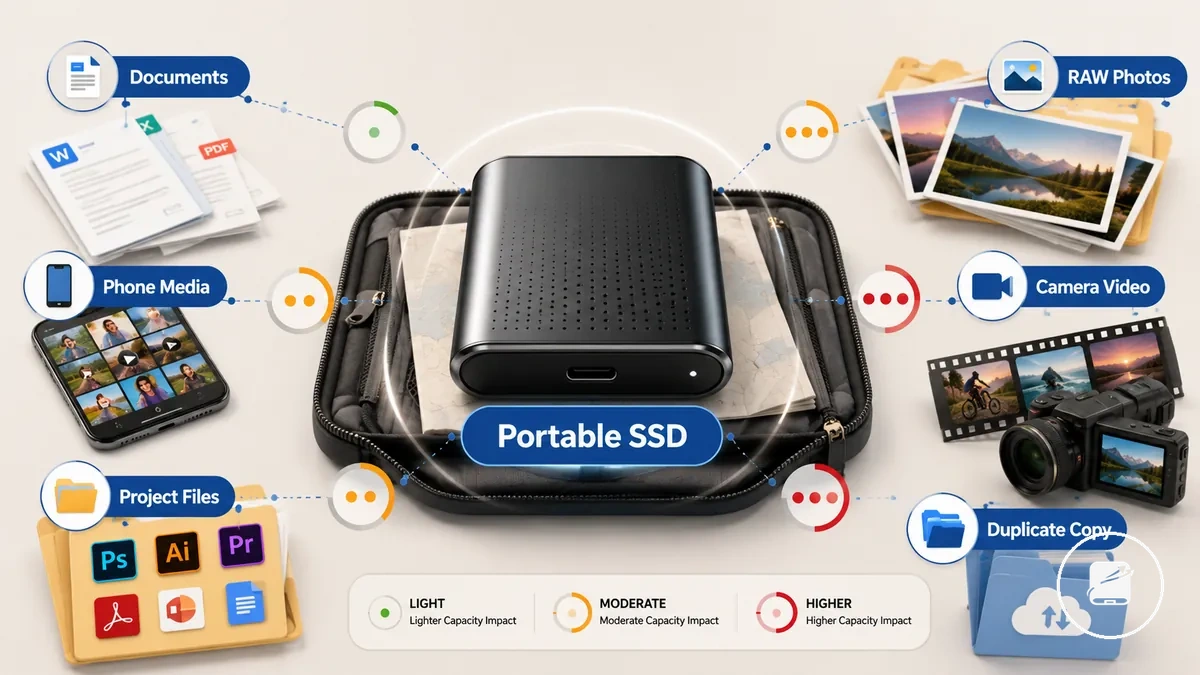 Portable SSD capacity ranges for travel photos videos documents and backups