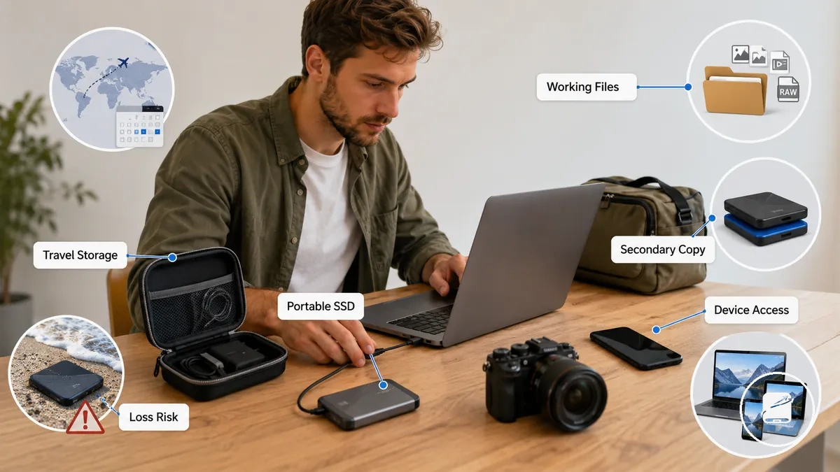 Portable SSD with a cable and protective case prepared for travel storage