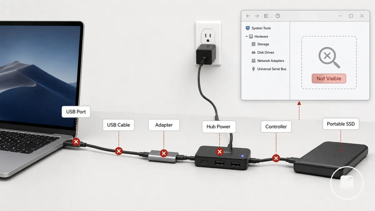 Portable SSD connection chain showing why the drive may not appear in system tools