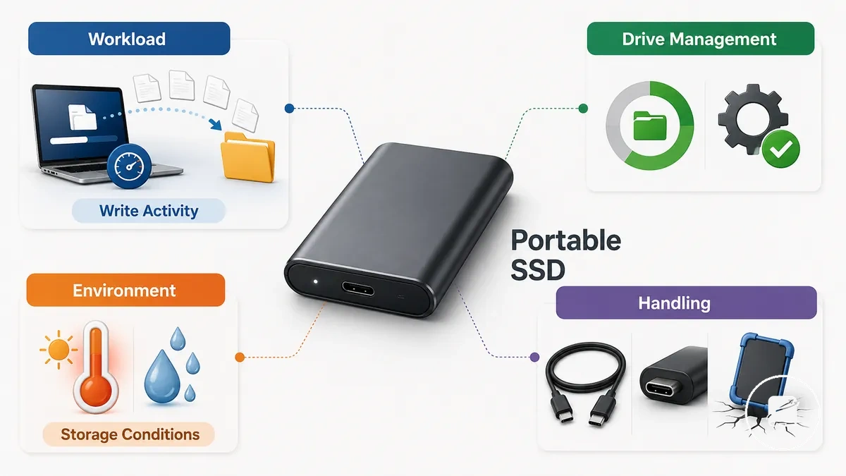 Diagram of workload, drive management, environment, and handling factors affecting portable SSD lifespan