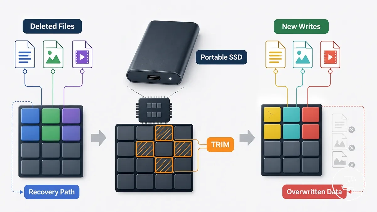 Diagram showing how TRIM and new writes can limit recovery of deleted files from a portable SSD