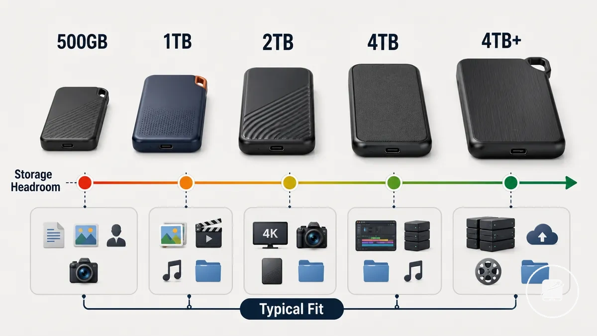 Comparison graphic of common portable SSD capacity ranges from 500GB to 4TB