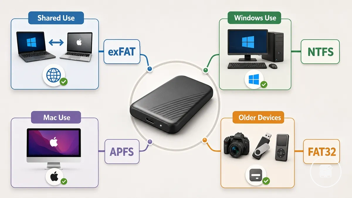 Portable SSD file system choice graphic for Windows Mac and shared use cases