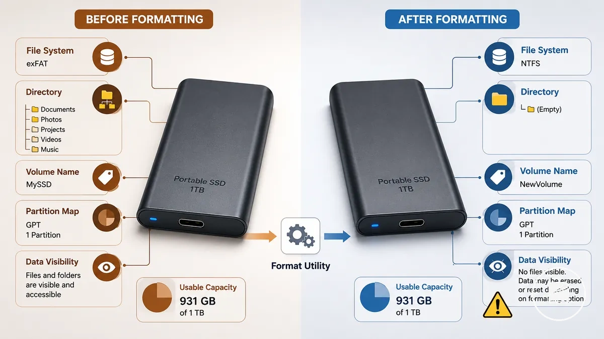 Annotated portable SSD formatting screen showing volume name, file system, and data warning