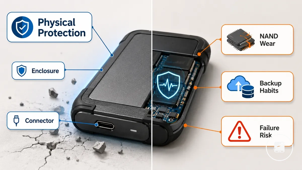 Comparison graphic showing physical portable SSD protection beside drive lifespan and data safety factors