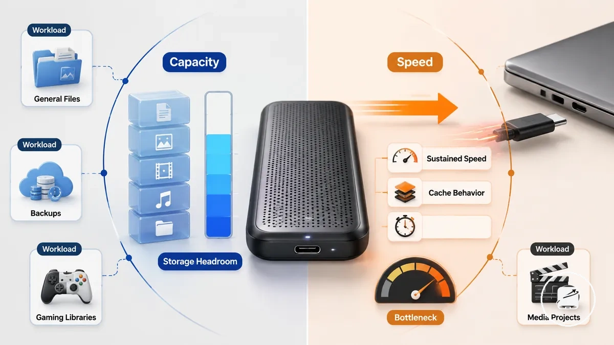 Comparación de capacidad y velocidad de SSD portátiles para diferentes tipos de carga de trabajo