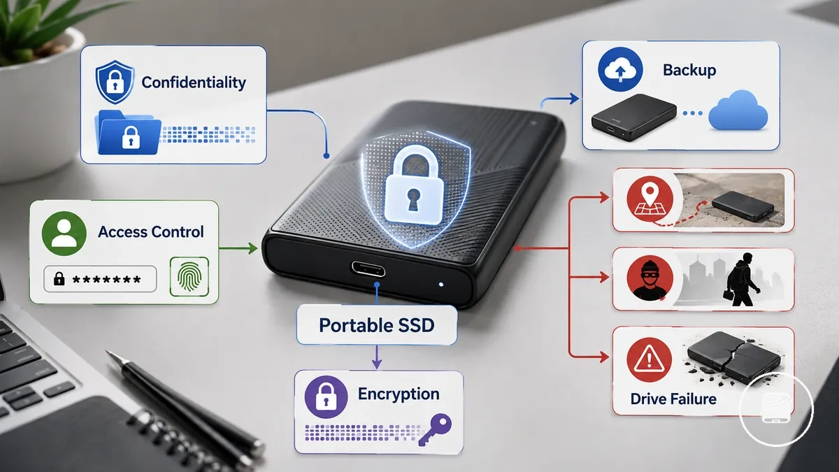 SSD portátil que ilustra cifrado, control de acceso y protección mediante copias de seguridad