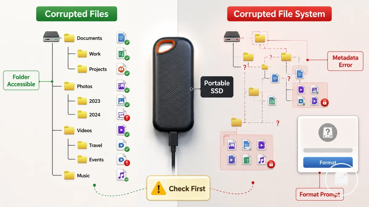 Imagen descriptiva de archivos corruptos frente a sistemas de archivos corruptos para la recuperación de SSD portátiles