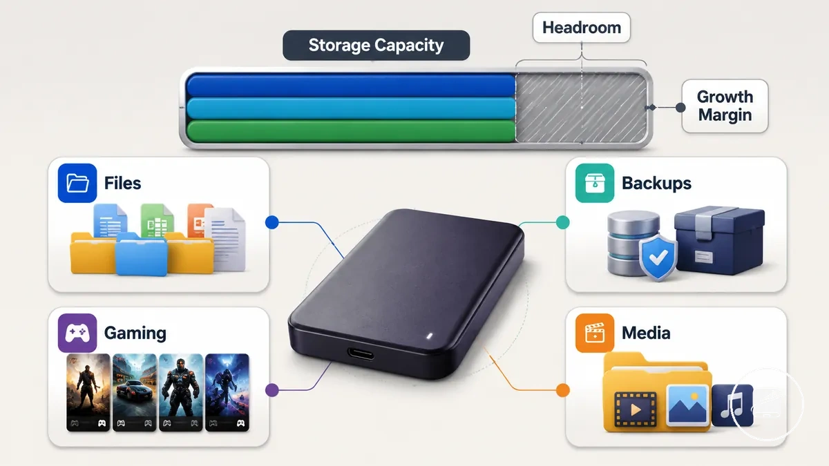 Necesidades de capacidad de almacenamiento de SSD portátiles para archivos, copias de seguridad, juegos y material multimedia