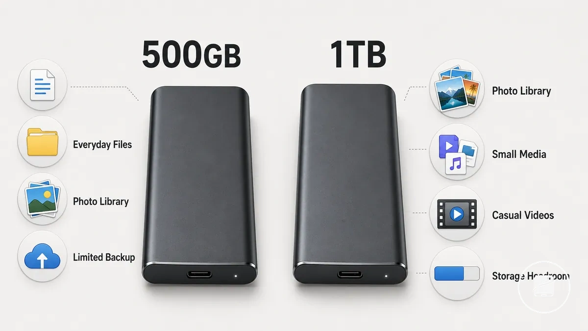 Ejemplo anotado de capacidad de SSD portátiles de 500GB a 1TB para archivos cotidianos y fotos