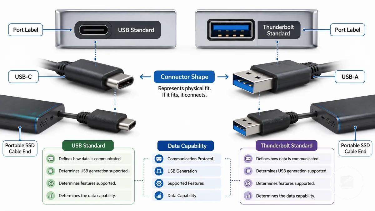 Formas de conector USB-C y USB-A con etiquetas para las diferencias de estándar de puerto