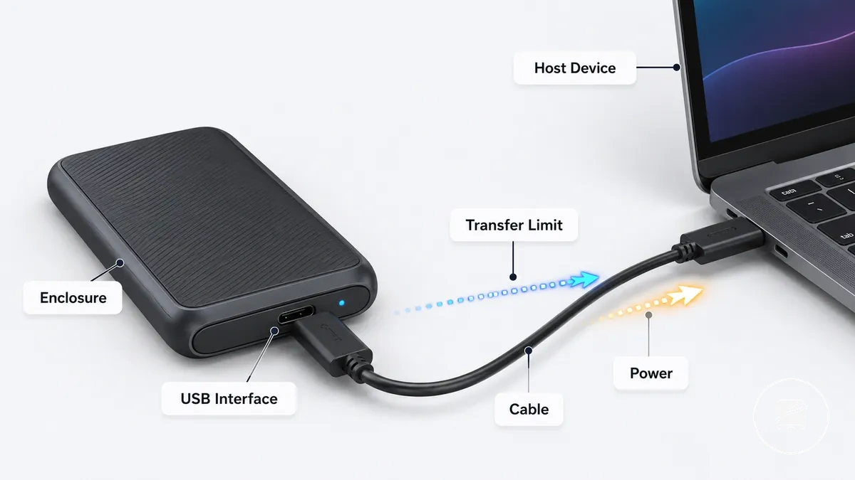 SSD portátil anotado que muestra la interfaz USB, la carcasa, el cable y la conexión del dispositivo anfitrión