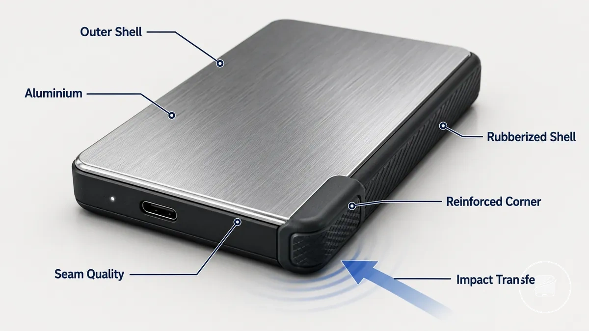 Carcasa exterior de SSD portátil anotada que muestra detalles del material, las juntas y las esquinas reforzadas