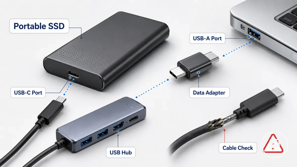 Preparación del cable, puerto y adaptador del SSD portátil para la primera conexión