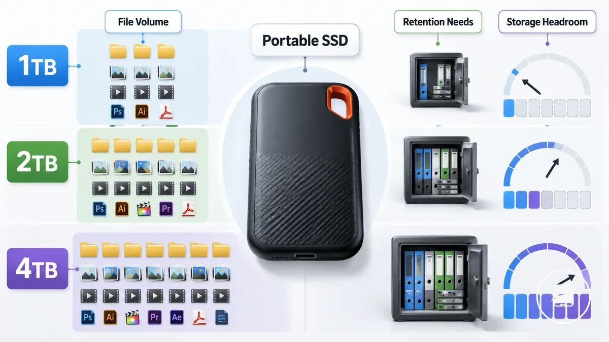 Rangos de capacidad de SSD portátil comparados con el volumen de archivos y el margen de almacenamiento necesario