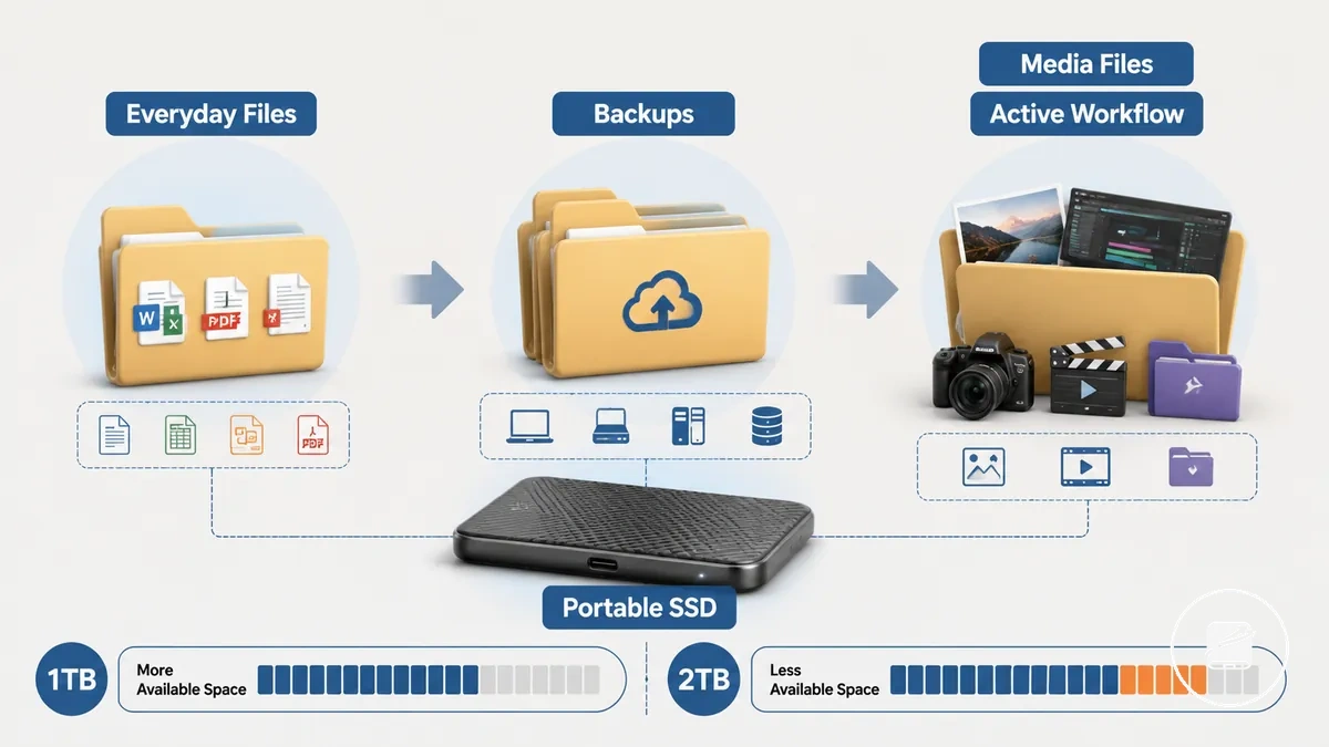 Rangos de capacidad de SSD portátil mostrados con etiquetas de archivo, copia de seguridad y flujo de trabajo