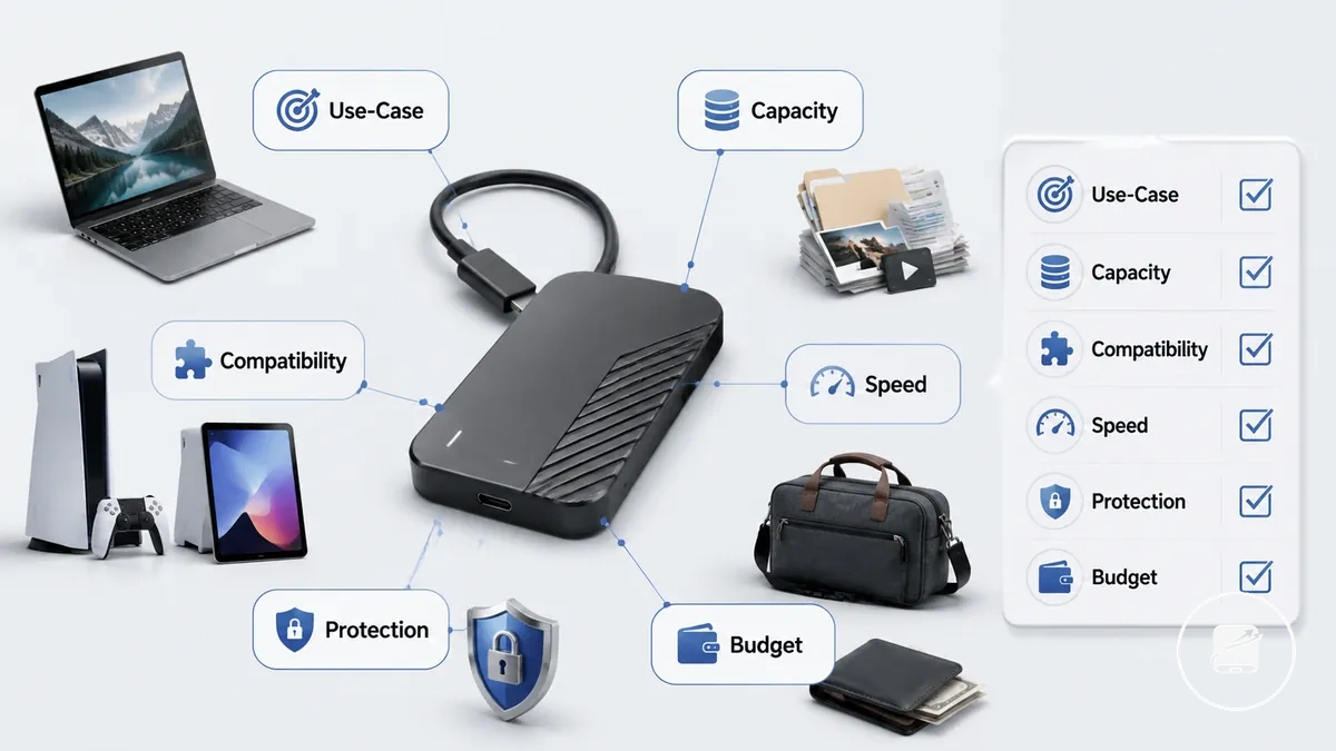 Lista de verificación de requisitos de SSD portátiles con factores de dispositivo, tamaño de archivo, portabilidad y protección de datos