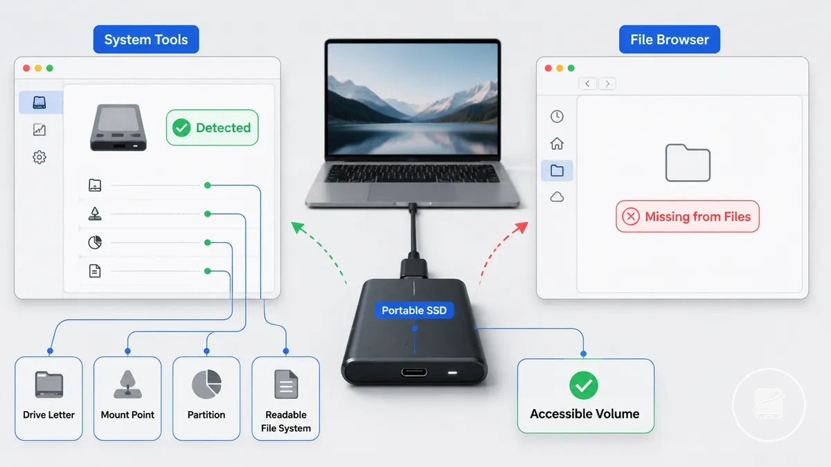 SSD portátil visible en herramientas del sistema pero ausente en el explorador de archivos
