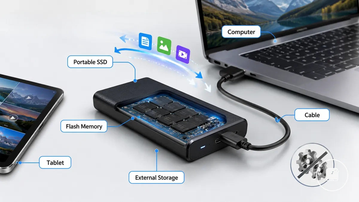 SSD portable avec câble connecté à un ordinateur portable montrant le stockage de fichiers externe