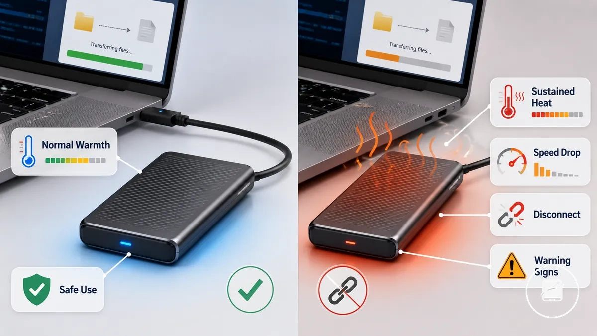 Graphique comparatif montrant la chaleur normale d un SSD portable et les signes d avertissement de surchauffe lors d un transfert de fichier