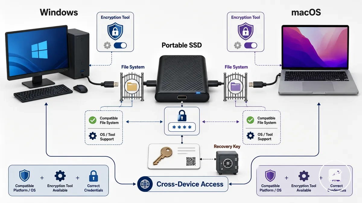 SSD portable annoté connecté à Windows et macOS montrant le chiffrement logiciel, le mot de passe et la clé de récupération