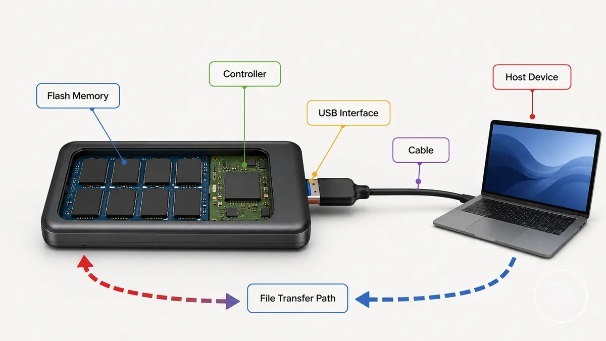 Diagramme illustrant la mémoire flash, le contrôleur, le câble USB et la connexion de l appareil dans un SSD portable