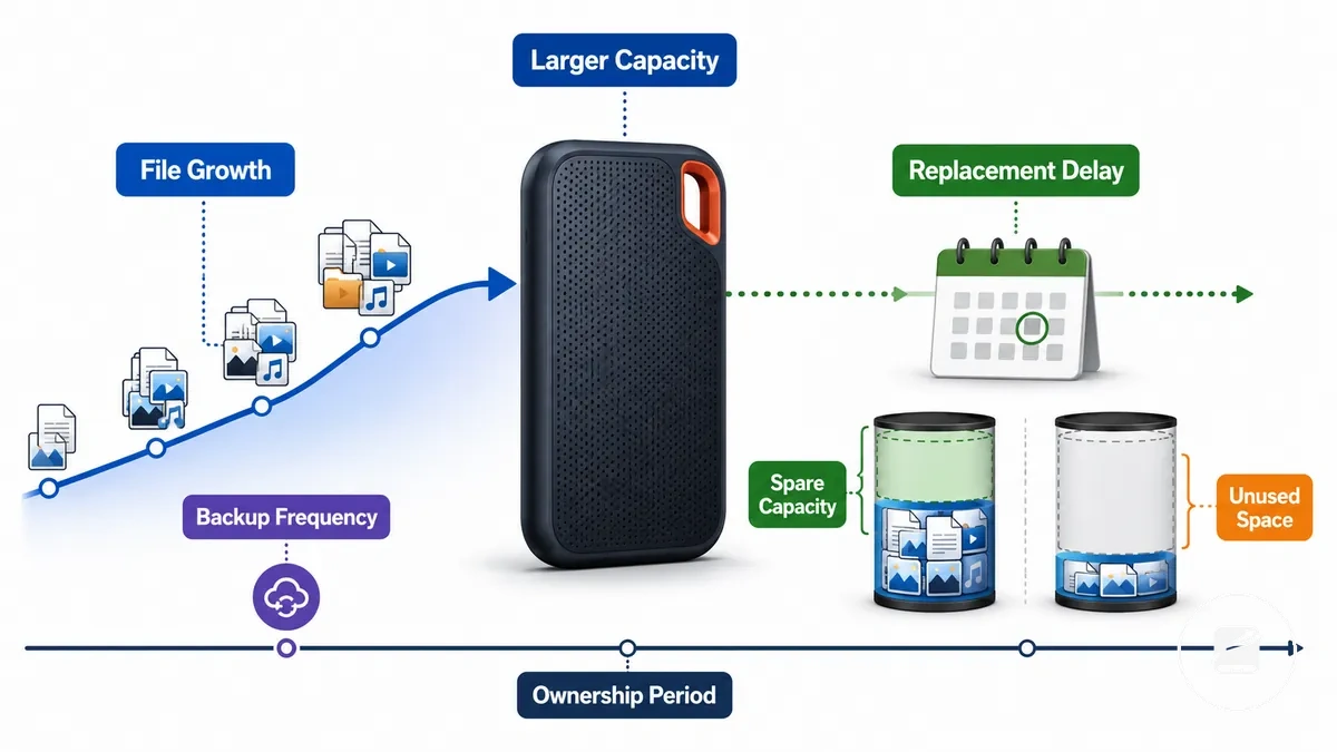 Schéma montrant qu une plus grande capacité de SSD portable réduit la pression de remplacement lorsque les besoins de stockage augmentent