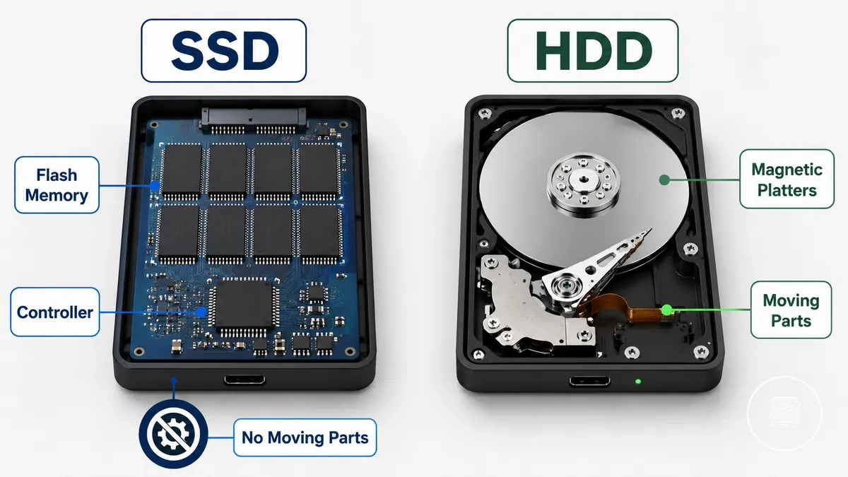 Diagramme comparant le stockage flash SSD et les mécanismes à plateaux rotatifs HDD
